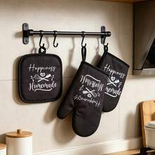 1. Oven Mitts & Pot Holders Set, Black Heat-Resistant Kitchen Mitts & "Happiness Is Homemade" Patterned Insulated Pads, Non-Slip Cotton Oven Mitts, Suitable For Baking, Cooking, Grilling - View 2