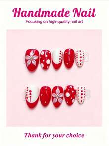 Handmade 10pcs Press On Nails - Red White Polka Dot Summer Nails, Glossy 3D Flower French Nails, Reusable Vacation Nails For Beach & Pool Parties, 2026 Summer Nail , Perfect For Mother's Day, Graduation & Holiday - Red - View 1