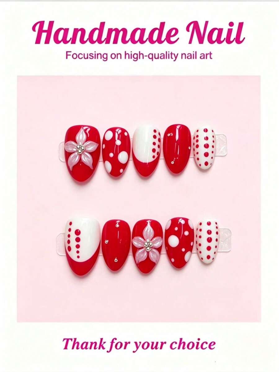 Handmade 10pcs Press On Nails - Red White Polka Dot Summer Nails, Glossy 3D Flower French Nails, Reusable Vacation Nails For Beach & Pool Parties, 2026 Summer Nail , Perfect For Mother's Day, Graduation & Holiday - Red - View 1