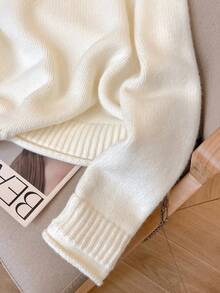 Casual Fashionable Fall Clothes For Women Ribbed Loose Fit Hooded Solid Color Long Sleeve Knitted Sweater Pullover - White - View 3