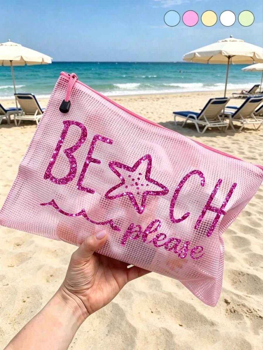 多色防水時尚網格海灘包,附亮面「Beach Please」字樣與海星圖案,大容量透明化妝包、泳池包、便攜耐用盥洗包、文具收納袋、輕量防曬收納包,適合游泳、海灘、潛水及夏季旅行,送給朋友、家人、閨蜜、同學的完美禮物與紀念品,適用於生日、節日、派對、婚禮(伴娘)、教師節、開學季、畢業季 - 彩色 - 查看 1