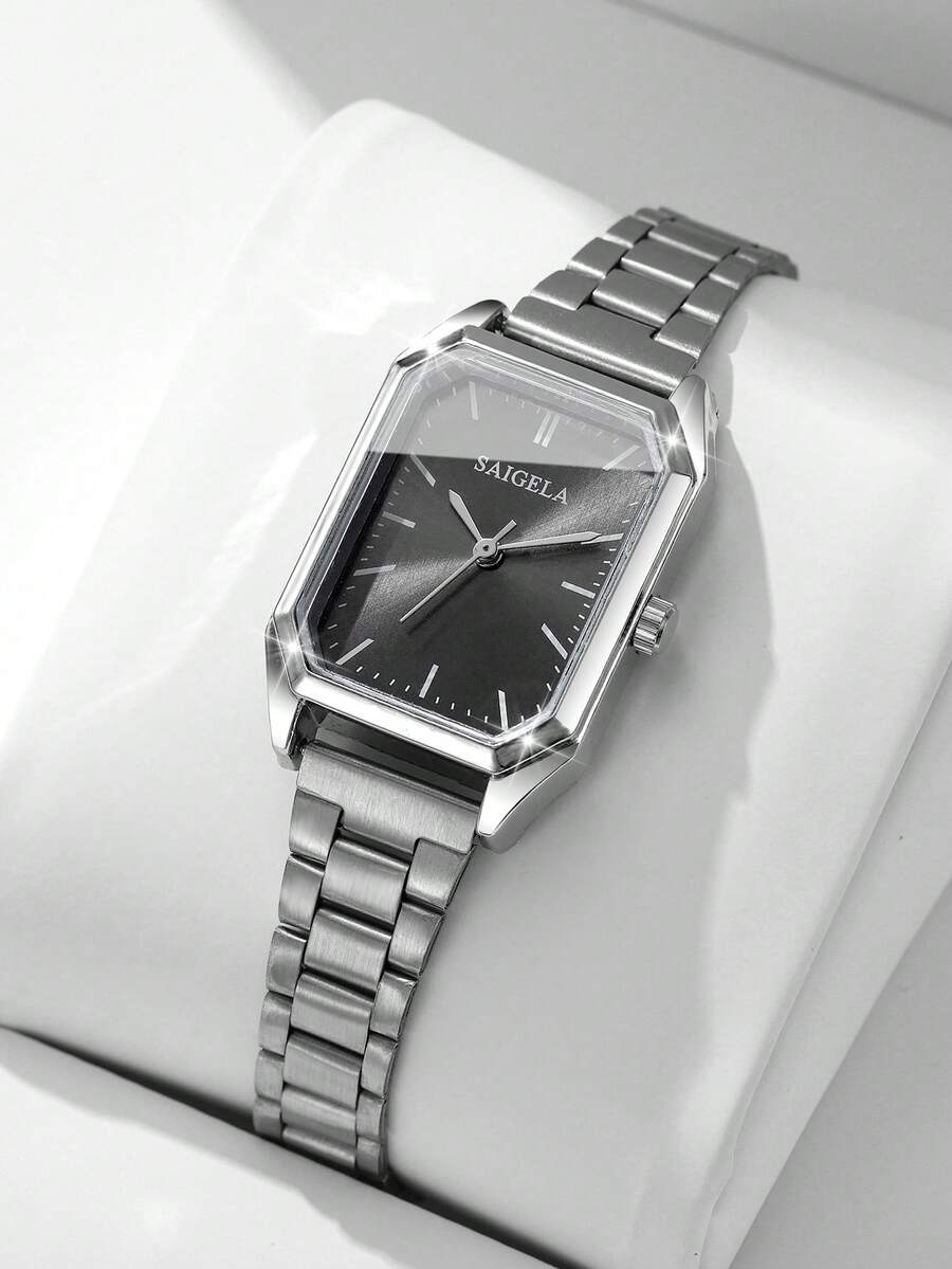 Reloj de cuarzo plateado minimalista para mujer, reloj de pulsera con esfera cuadrada exquisita y sencilla, accesorio versátil regalo para la mejor amiga (1 pieza/set) Caja de reloj no incluida - Plateado - Ver 1