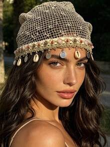 1 pieza Sombrero de sol de punto floral hueco en beige, casual para playa y vacaciones - Multicolor - Ver 8