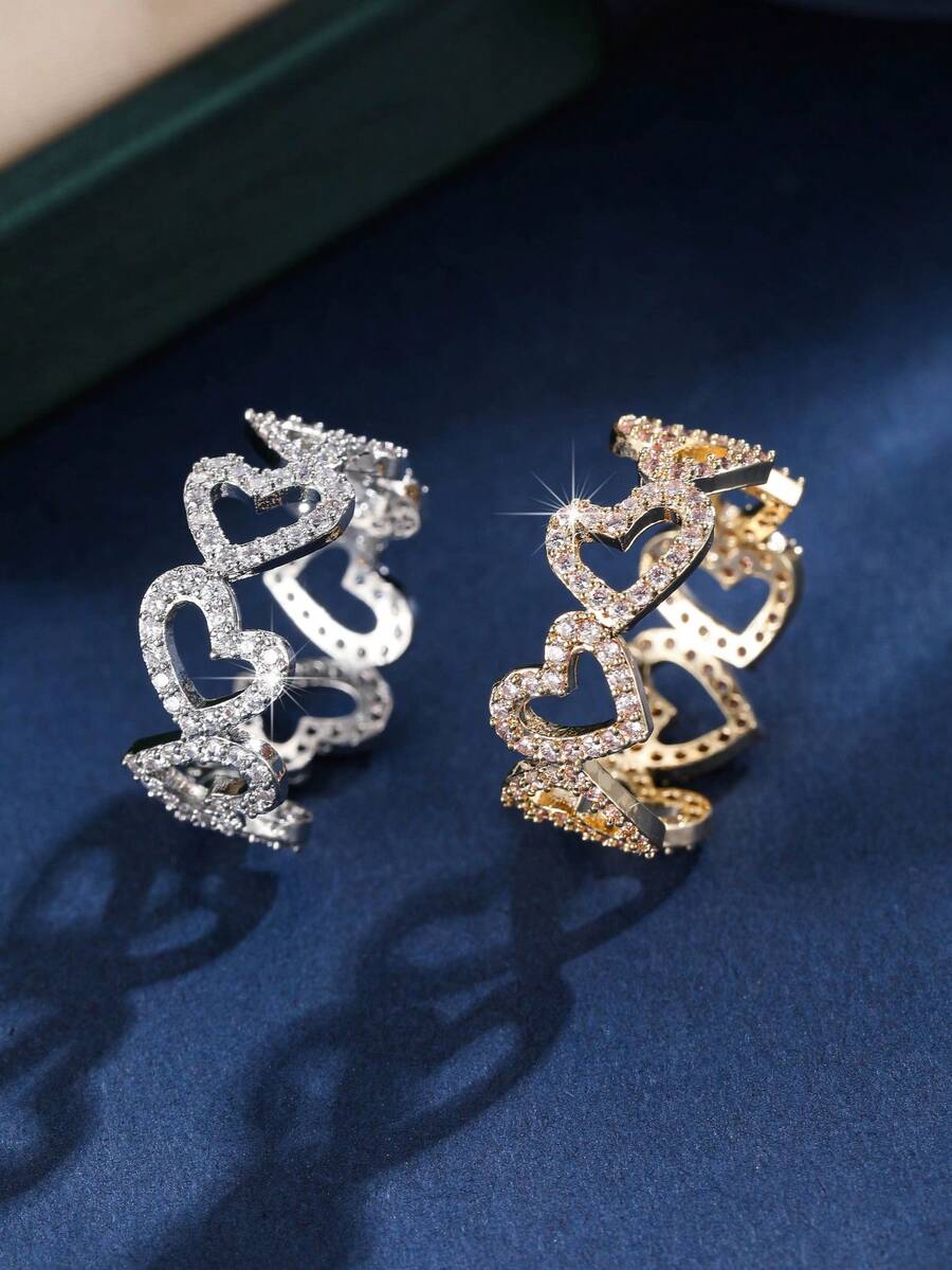 1pc Luxury Minimalist Hollow Heart Design Ring, Niche Luxury Micro-Inlaid Ring, Versatile Daily Accessory - JZ23957 - View 1