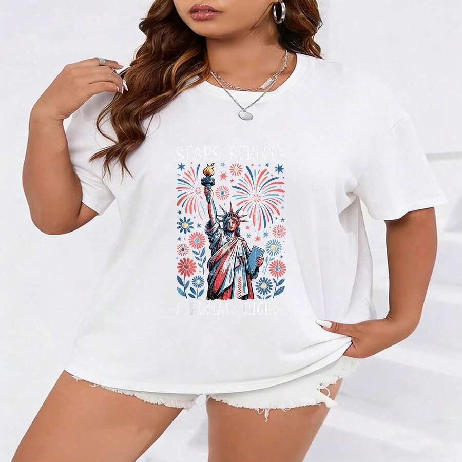 Stars Stripes And Human Rights 4th Of July Women's Rights T-Shirt Plus Size T-Shirt For Women Summer Festival Essential Weekend Brunch Casual - White - View 1