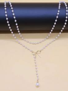 1pc Elegant Y-Shaped Beaded Bow Pendant Necklace, Minimalist Clavicle Chain Accessory For Girl - one-size - View 3