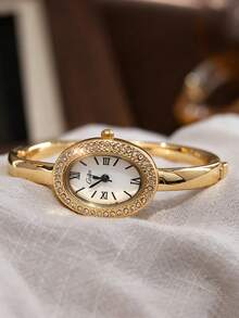 2 Stücke Set modische Luxus Damen Armbanduhr mit Strass-Verzierung und ovalem Gehäuse, kombiniert mit LOVE Armband, festem nicht verstellbarem Armband, exquisit und vielseitig, geeignet für Feiertage, Partys, Hochzeiten, Zusammenkünfte und den täglichen Gebrauch, das perfekte Geschenk für Frauen. - Gold - Übersicht 5