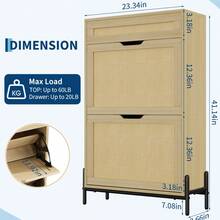 Slim Wooden Shoe Cabinet For Entryway  Rattan & Linen Panels,Adjustable Shelves - Wood Color - View 5