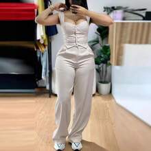 New Women's European And American Style Outfit, Fitted Crop Top With Straps And Wide-Leg Pants, Elegant And Casual Look For Curvy Women - 天藍色 - 查看 5