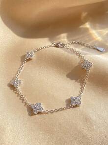 1 pieza Pulsera de trébol de cuatro hojas de plata de ley 925, uso diario y regalo para fiestas de las mujeres, diseño original, joyería fina y encantadora de estilo vintage - Pulsera de la suerte con cinco flores - Ver 8