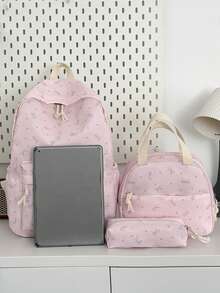 3pcs Nylon Bow Print Backpack Set, Foldable Multi-Pocket Large Capacity Zipper Backpack, Suitable For Teenagers And High School Students - Pink - View 2