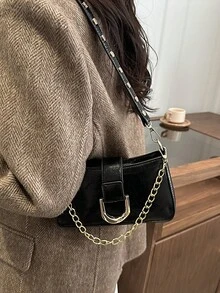 女款翻蓋小手提包，時尚腰帶扣飾方形包，單肩斜背包 - 黑色 - 查看 7