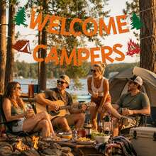 1 Set Welcome Campers Orange Glitter Banner - Camping Theme Birthday Bachelorette Party Decor, Family Camp Day Party Decor, Forest Adventure Decorations - Welcome Campers - View 2