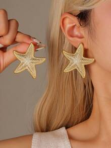 2/10pcs Fashionable Ocean Style Party Exaggerated Starfish, Shell, Seashell Earrings, Suitable For Summer, Travel, Beach Wear, CCB Gold Earrings - Multicolor - View 2