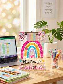 1pc Personalized Rainbow Glitter Confetti Teacher Clipboard, Customized Teacher Name Clipboard, Teacher Appreciation Gift, Acrylic Clipboard, Back To School, Transparent Writing Board, Kindergarten And Elementary Classroom Decor - Multicolor - View 6