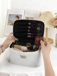 1 pieza/3 piezas Bolsa de maquillaje con diseño de gofre, bolsa de aseo de viaje para mujer, bolsa de almacenamiento de cosméticos de gran capacidad, bolsa de cuidado de la piel portátil, el amor hace que el mundo gire - Blanco - Ver 7