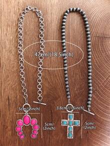 1pc Style Pink Blue Turquoise Pendant Necklace Vintage Distressed Silver Chain OT Clasp Design Western Cowboy Style Accessory - Necklace - View 3