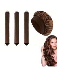 4 Pcs/Set Hair Curling Set: 1 Satin Brim Hat + 3 No-Heat Hair Curling Rods. Classic Solid Color Elastic Soft Sleep Cap, Shower Cap, Faux Silk Women's Hair Turban With Elastic Band. Protective Hairstyle For Overnight Waves, Suitable For All Hair Types - Multicolor - View 1