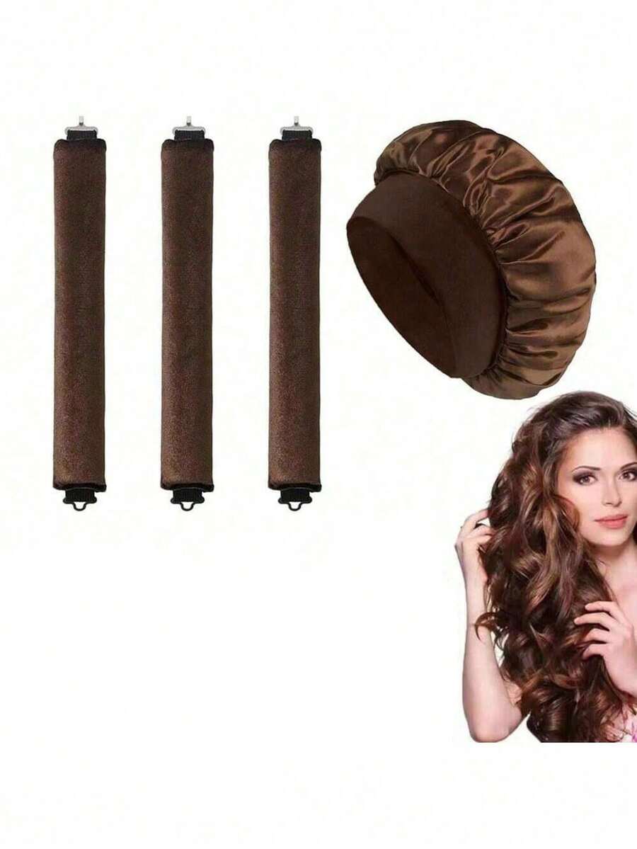 4 Pcs/Set Hair Curling Set: 1 Satin Brim Hat + 3 No-Heat Hair Curling Rods. Classic Solid Color Elastic Soft Sleep Cap, Shower Cap, Faux Silk Women's Hair Turban With Elastic Band. Protective Hairstyle For Overnight Waves, Suitable For All Hair Types - Multicolor - View 1