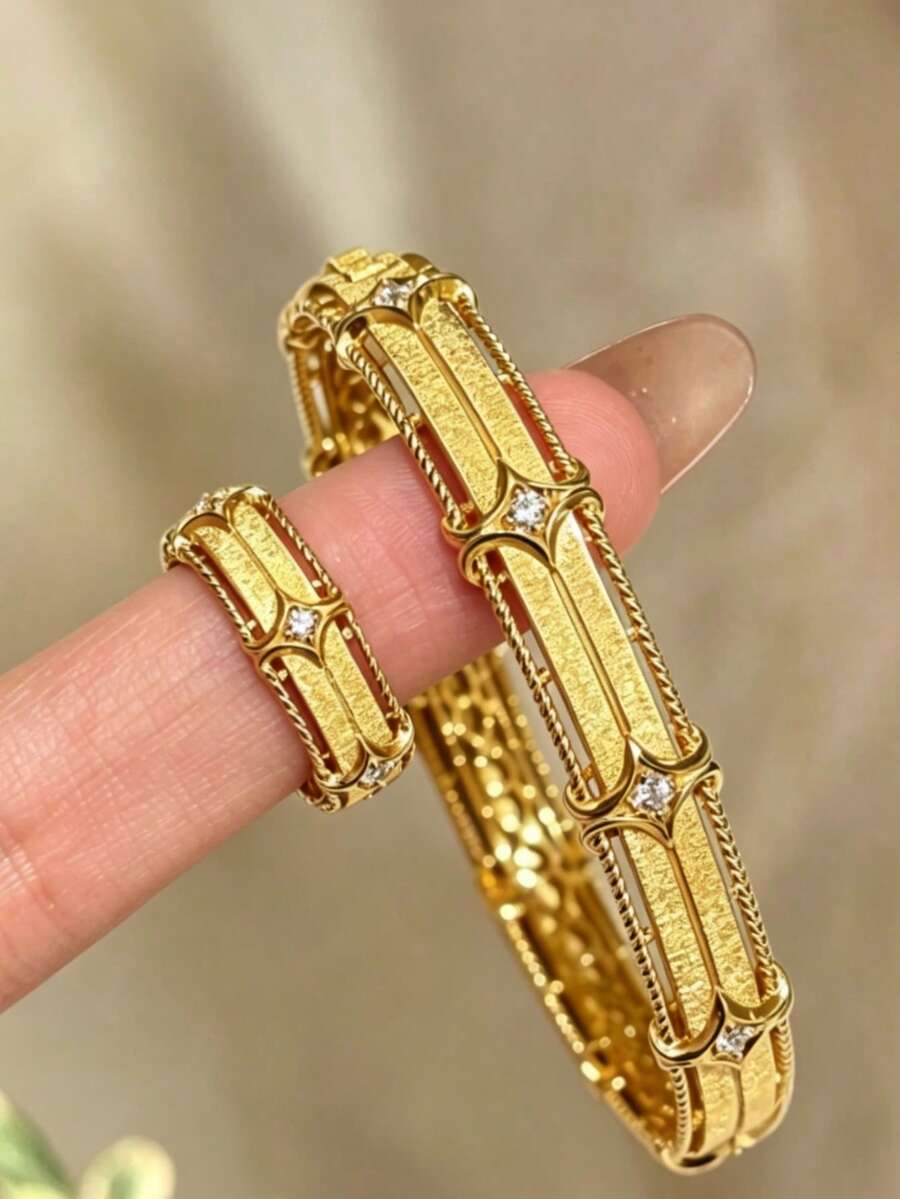 1 pieza Anillo de estilo vintage con destellos sutiles - Dorado - Ver 1