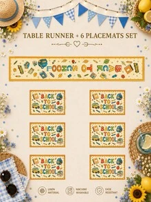 1pc-Back To School Table Runner And Placemats Set, Yellow Alphabet School Supplies Print Dining Decor, Farmhouse Kitchen Table Mats For Fall Classroom Party Home Decoration - Multicolor - View 16
