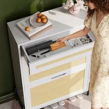 Slim Wooden Shoe Cabinet For Entryway  Rattan & Linen Panels,Adjustable Shelves - White - View 3