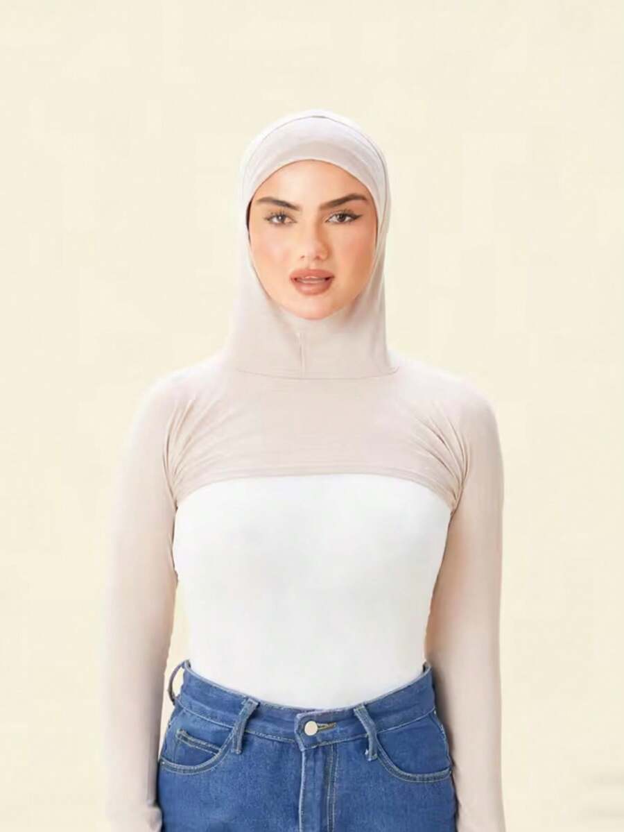 Muslim Hijab Inner Shirt, Full Neck And Arm Coverage Elastic Knit Hijab Undershirt, Breathable Long Sleeve Solid Color Modest Base Layer - Solid Color - View 1