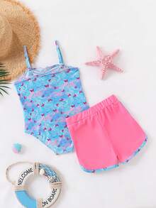 Cute Spaghetti Strap Ruffle 2 Pieces Bathing Suit For Girls 4-8 Years Old, Butterfly Print For Pool, Beach & Hot Spring - Baby Blue - View 2