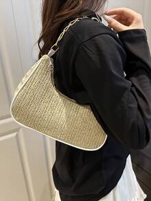 Fashion Solid Color Metal Chain Straw Crescent Women's Multi-Use Handbag Tote Bag Vacation Bag Beach Bag Casual Straw Bag Phone Bag - Khaki - View 5