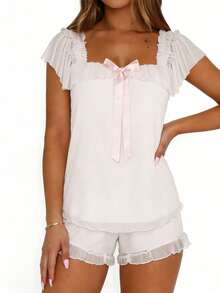 Square Neck Bow Ruffle 2 Piece Sleep Set For Women, Mesh Layer Trim Cami Top  Short, Coquette Soft Lightweight Loungewear Night Wear - White - View 4