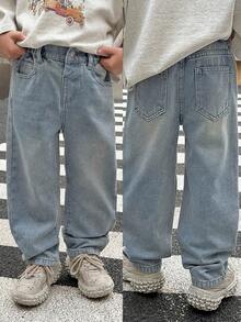 青少年男孩直筒牛仔褲，附口袋，春夏時尚新款 - 藍色 - 查看 1