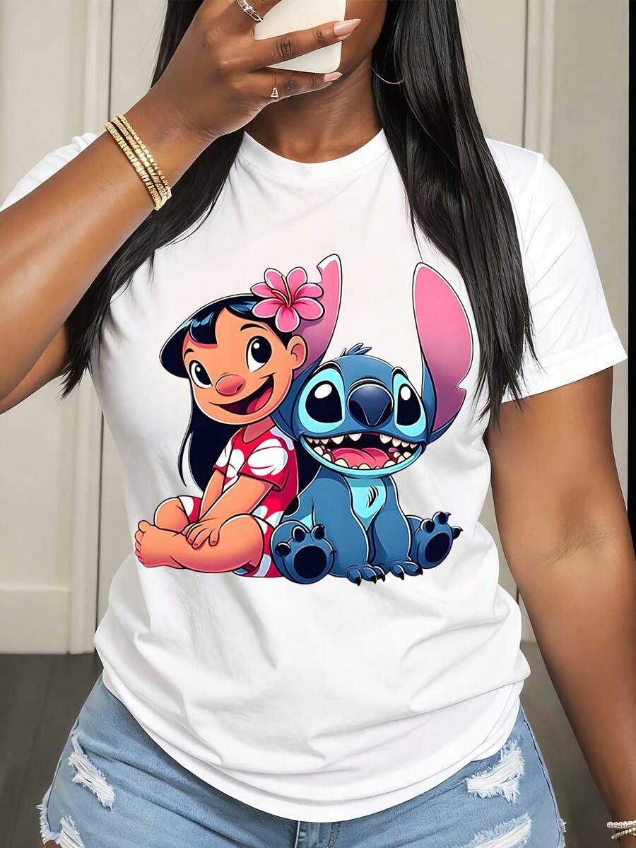 Disney Lilo And Stitch Character Print T Shirt Women Casual Summer Fashion Streetwear Style - 白色 - 查看 1