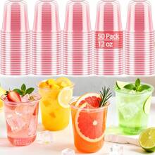 12oz Disposable Stemless Glasses,PET Solo Disposable Cups,Party Clear Plastic Wine Glasses For Parties Birthday,Wedding,Meeting,Christmas Party Supplies. (100, Pink) - 50 - 查看 1
