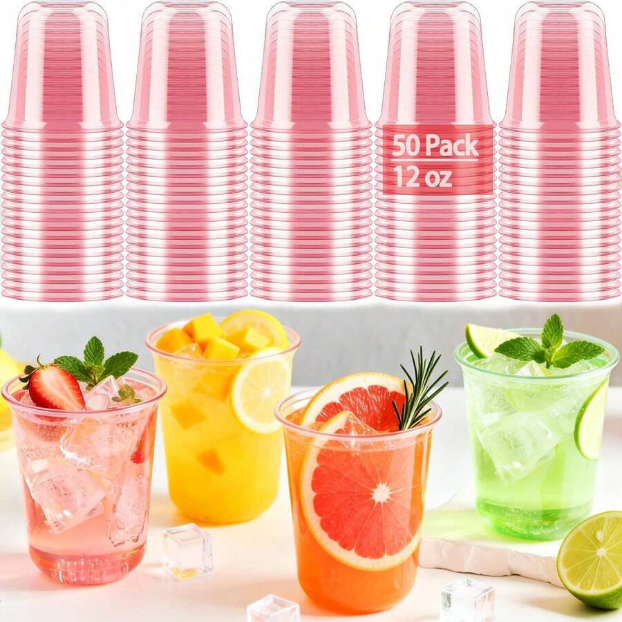 12oz Disposable Stemless Glasses,PET Solo Disposable Cups,Party Clear Plastic Wine Glasses For Parties Birthday,Wedding,Meeting,Christmas Party Supplies. (100, Pink) - 50 - 查看 1