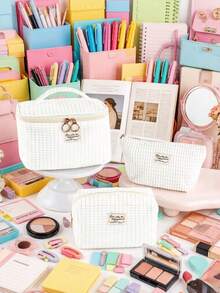 1 pieza/3 piezas Bolsa de maquillaje con diseño de gofre, bolsa de aseo de viaje para mujer, bolsa de almacenamiento de cosméticos de gran capacidad, bolsa de cuidado de la piel portátil, el amor hace que el mundo gire - Blanco - Ver 3