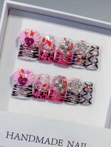 [Handmade By An Artisan] Nail Tips, False Nails, Set Of 10, Duck Mouth, 3D, Flower, Diamond, Ribbon, Heart, French, Cute, Y2K, Shibuya Coordination, Graduation, Coming Of Age Ceremony, Wedding, Photo Wedding, Press-On Nails, Double-Sided Tape, Wooden Stick, Nail File Included - Pink - View 2