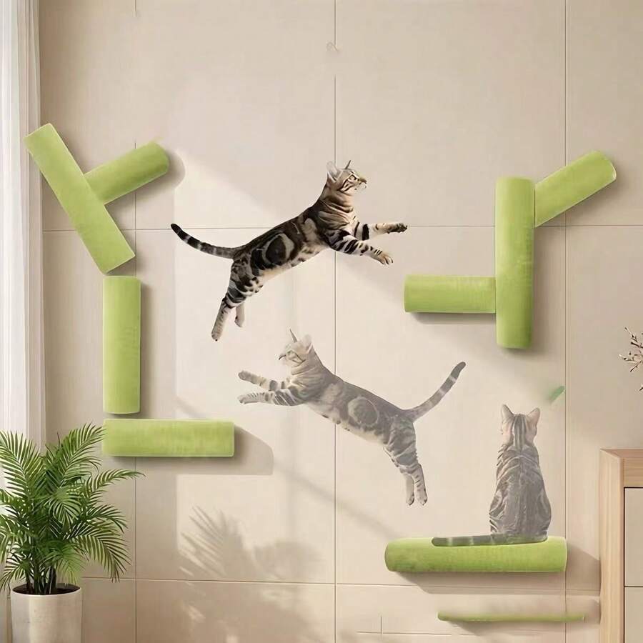Cat Wall Climbing Set - Durable PE Plastic Cat Climbing Frame With Adhesive Installation, Green-Grey Cat Shelf And Hammock, Suitable For Home And Cat Hotel - Multicolor - View 1