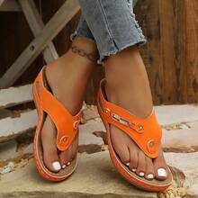 Women's Solid Color Rhinestone High Heel Flip Flops Beach Sandals For Summer Vacation - Orange - View 4