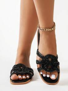 Summer New Rhinestone Braided Women's Square Toe Flat Slide Sandals, Elegant High-End Outdoor Slippers - Black - View 3