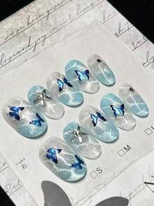 1package/10pcs-Crystalcore Ice Nails | Ultra-Clear Glacier Blue Butterflies Holographic & Rhinestone Accents | Viral Summer Aesthetic Handmade Press On Nails - Blue - View 3