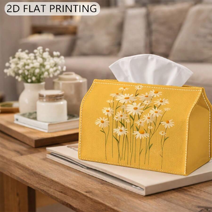 1pc Yellow Background Daisy Floral Print Fabric Tissue Box, Removable & Washable Paper Towel Holder, Fresh Country Style Desktop Napkin Storage Box, Home & Hotel Soft Decor Tissue Cover - Multicolor - View 1