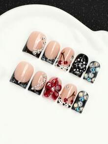 10pcs Pure Handmade French Press On Nails, Multi-Layer Gel Acrylic Fake Nails With 3D Cherry & Flower & Rhinestone & Cow Print Design, Removable Reusable Y2K Bad Girl Style Nail Tips, Including Tool Kit, Perfect For Daily & Party Wear - Multicolor - View 3
