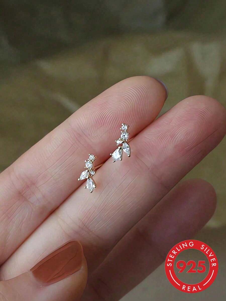 GAGAFEEL 1 par de pendientes de botón de plata de ley S925 vintage minimalistas y elegantes con mini hoja de circonita, joyería de amistad para mujer para fiesta y uso diario, regalo - Dorado - Ver 1