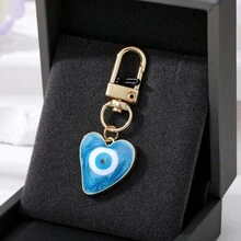 1個彩色惡魔之眼心形鑰匙圈，金色調金屬搭配旋渦琺瑯，可愛護身符吊墜，適合學生 - 彩色 - 查看 3