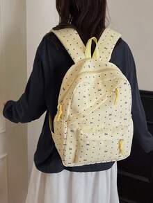 3-Piece Nylon Bow & Heart Print Backpack Set, Foldable Multi-Pocket Large Capacity Zipper Backpack, Suitable For Teens And High School Students - Yellow - View 5