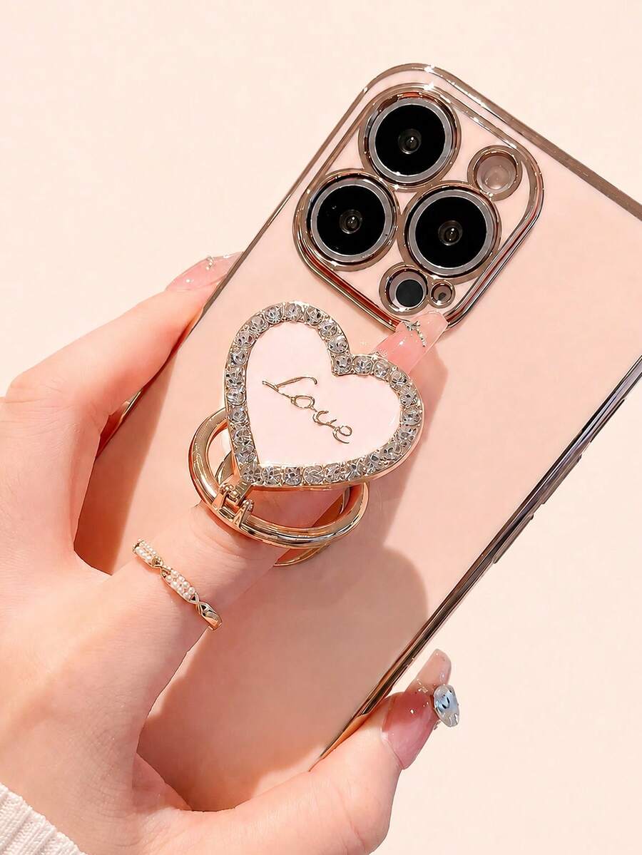 Shiny Rhinestone Heart-Shaped Phone Ring Holder, Foldable Finger Grip Stand, Cute Enamel Colorful Y2K Aesthetic Glitter Phone Accessory, Compatible With IPhone And Android Phones - Multicolor - View 1