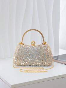 Women's Rhinestone Evening Clutch Bag, Top Handle Frame Clutch, Sparkling Rhinestone And Pearl Decorated Hard Shell Wallet, Luxury Style Suitable For Weddings, Proms - Gold - View 8