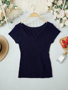New Solid Color Versatile Slim Fit Waist Cinched Cap Sleeve Knit Top, Spring/Summer - Royal Blue - View 4