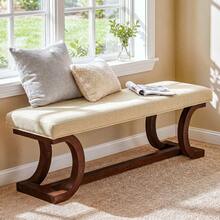 LITTLE TREE 48 Inch Upholstered Bench, Solid Wood Entryway Bench With Soft Cushion, Mid-Century End Of Bed Bench With Curved Leg For Bedroom Entryway - White & Brown - View 9