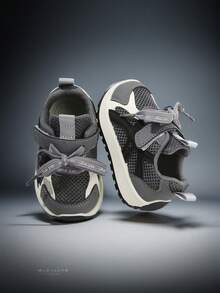 1 Pair Baby Walking Shoes, Casual Versatile Kids Sports Shoes, Fashion Leather Patchwork Breathable Mesh Design, Suitable For Summer - Grey - View 1